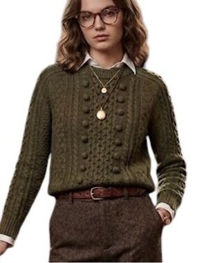 J. Crew Olive Cable-Knit Crewneck Sweater